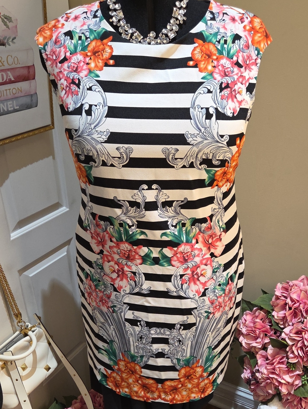 Nwot 16 Voir Voir Black & White Striped Midi Dress with Orange and Pink Floral